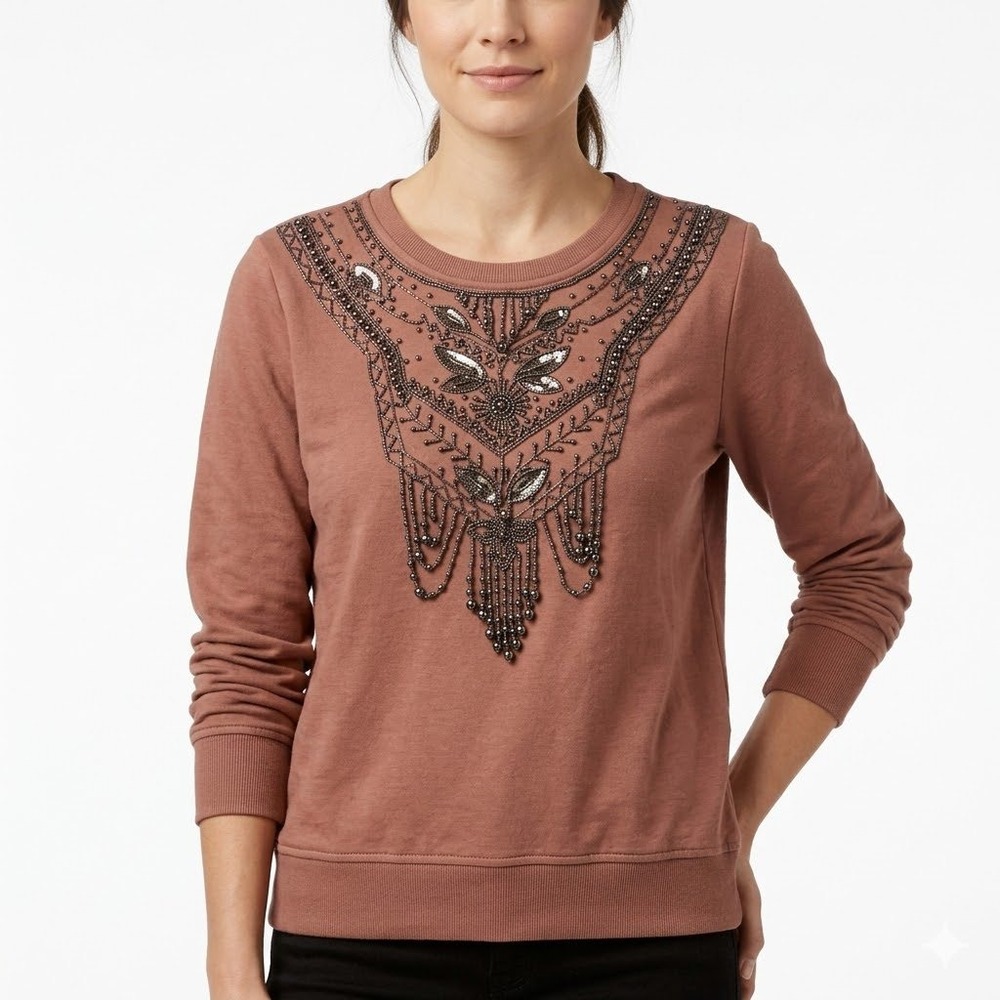 Topshop Beaded Sweatshirt Womens US 4 Pink Long Sleeve Embellished Boho Retro
